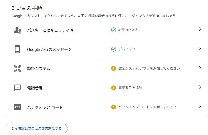 2段階認証が有効になった状態